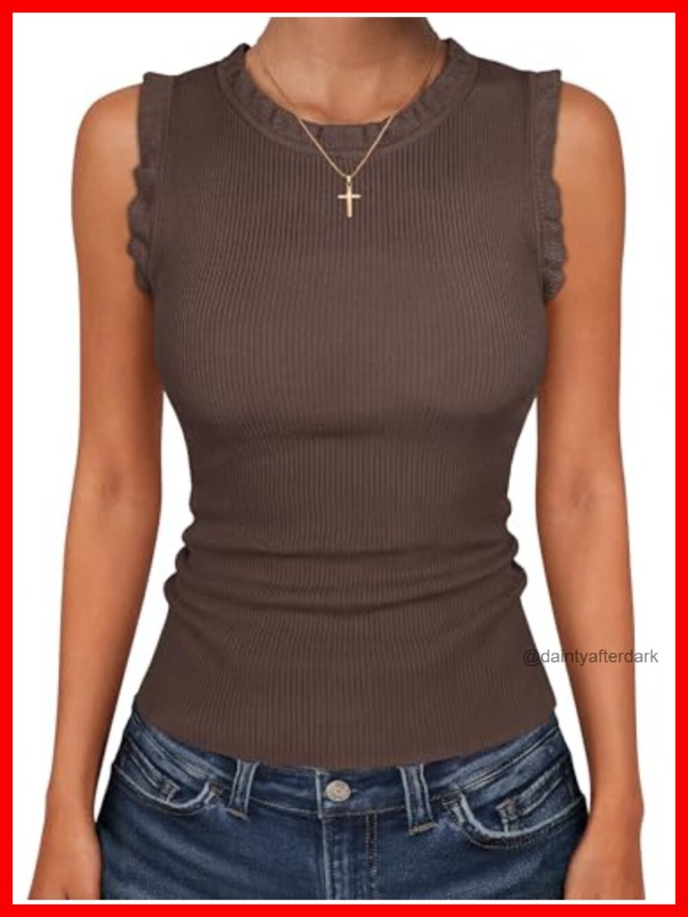 ribbed tank top sleeveless ruffle trim slim fit layering top